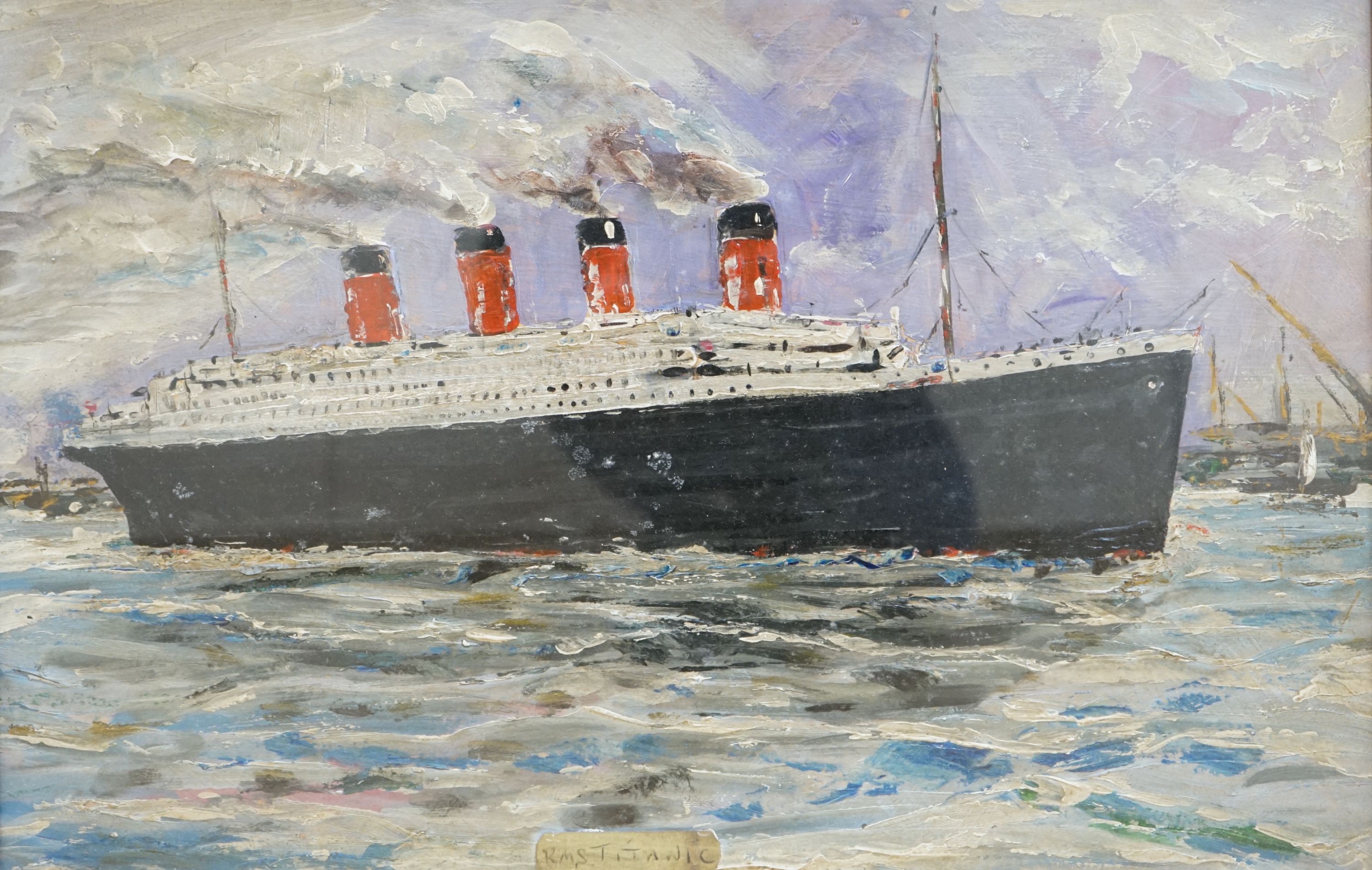 English School, oil on card, Primitive study of the RMS Titanic, 37 x 36cm